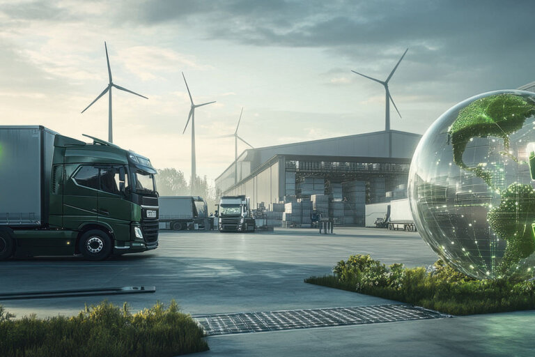 Nachhaltigkeitsreporting in der Logistik: Grüne LKWs vor einem modernen Logistikzentrum mit digitalen Symbolen für ESG-Compliance, CO₂-Reduktion und erneuerbare Energien
