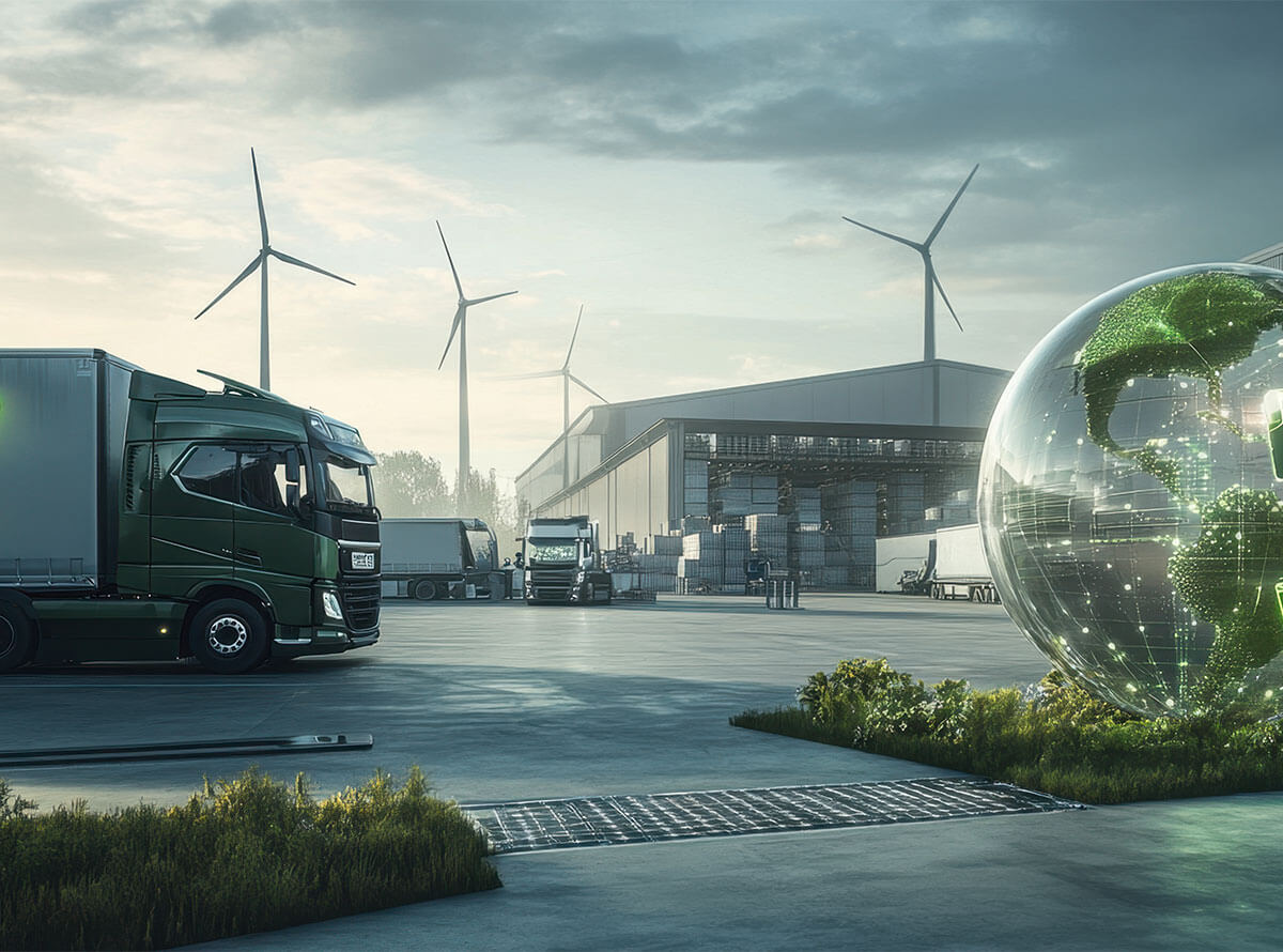 CN_Blog_Nachhaltigkeitsreporting Nachhaltigkeitsreporting in der Logistik: Grüne LKWs vor einem modernen Logistikzentrum mit digitalen Symbolen für ESG-Compliance, CO₂-Reduktion und erneuerbare Energien