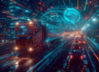 Futuristischer LKW auf digitalisierter Autobahn mit holografischen Datenströmen - Symbol für digitale Logistikplattformen und moderne Transporttechnologie
