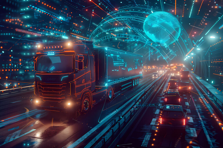 CN_Blog_250325 Futuristischer LKW auf digitalisierter Autobahn mit holografischen Datenströmen - Symbol für digitale Logistikplattformen und moderne Transporttechnologie