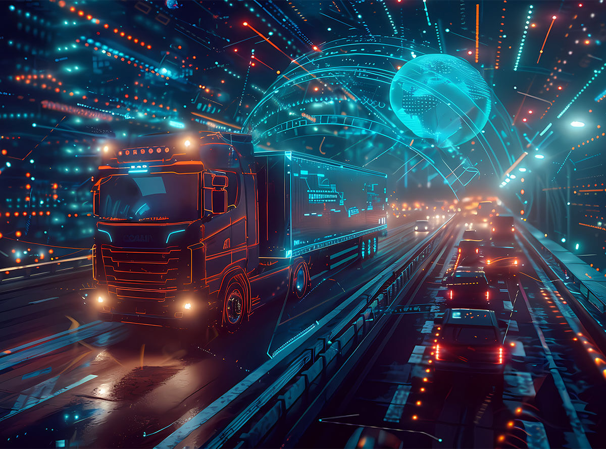 Futuristischer LKW auf digitalisierter Autobahn mit holografischen Datenströmen - Symbol für digitale Logistikplattformen und moderne Transporttechnologie