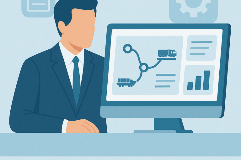 cOPERATOR_Blogbeitrag_051225 Illustration zur cOPERATOR Plattform für kombinierten Verkehr mit digitaler Transportübersicht auf dem Bildschirm.