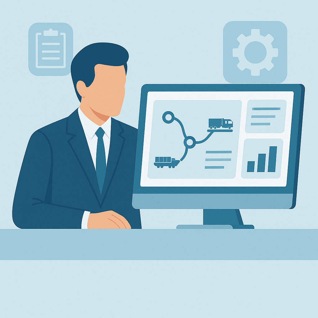 cOPERATOR_Blogbeitrag_051225 Illustration zur cOPERATOR Plattform für kombinierten Verkehr mit digitaler Transportübersicht auf dem Bildschirm.